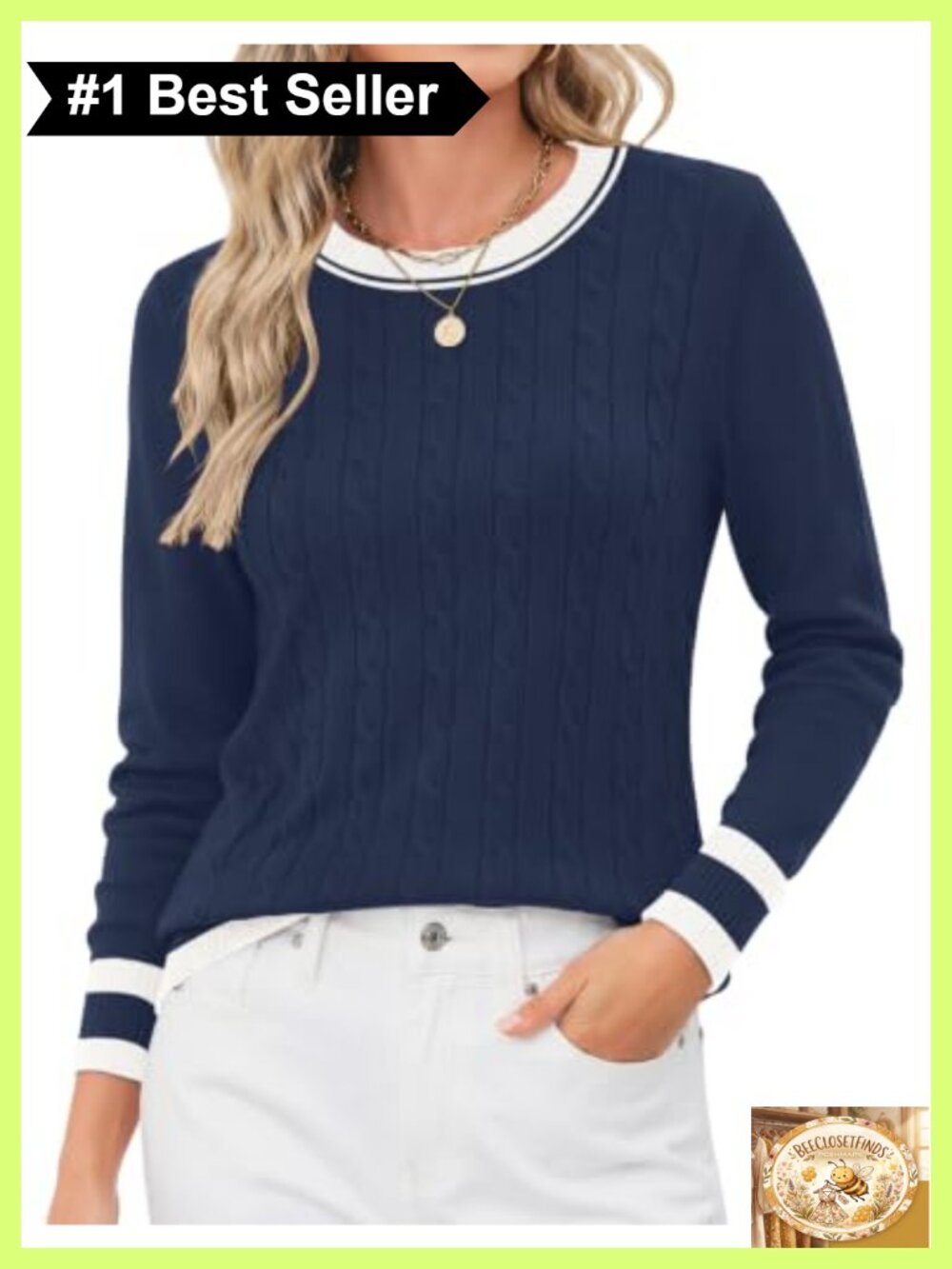 Contrast Trim Knit Sweater Long Sleeve Crew Neck Pullover Women's